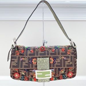 Authentic FENDI Baguette Bag Beaded Embellished Zucca Canvas Brown Lizard